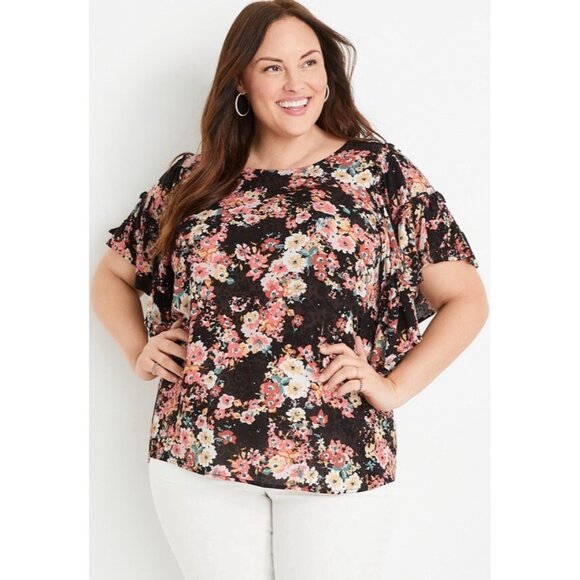 Maurices Plus Size Blouse Size 4X Floral Flutter Sleeve Scoop Neck Crinkle Gauze - Picture 3 of 9